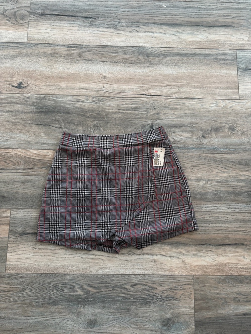 Soprano Plaid Wrap-Front Skort in Black, Gray & Red